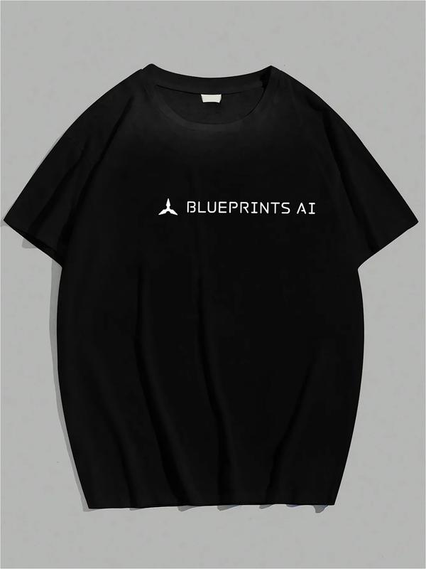 Black T-shirt laid flat featuring a white triangular logo and the text “BLUEPRINTS AI” centered on the chest