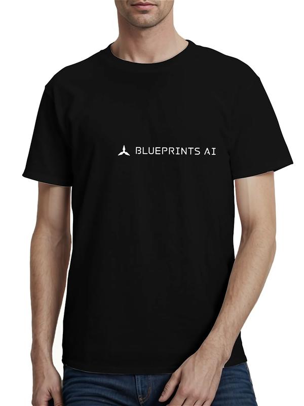 Shop the “Blueprints AI” logo tee featuring a clean white graphic and modern branding. Soft cotton, unisex fit, perfect for tech enthusiasts and minimalist fashion
