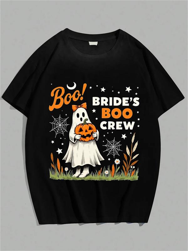 Black T-shirt featuring a cartoon ghost with red bow holding a pumpkin, surrounded by stars, spider webs, and the phrase “Boo! BRIDE’S BOO CREW” in orange and white fonts