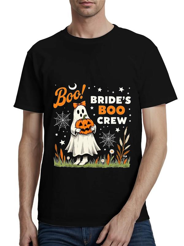 Black T-shirt featuring a cartoon ghost with red bow holding a pumpkin, surrounded by stars, spider webs, and the phrase “Boo! BRIDE’S BOO CREW” in orange and white fonts