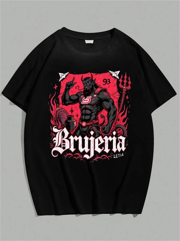 Black T-shirt featuring a red devil-like figure with horns, trident, flames, skull belt, and gothic text reading “Brujería 93” with “LEM4” signature