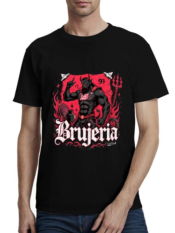 Black T-shirt featuring a red devil-like figure with horns, trident, flames, skull belt, and gothic text reading “Brujería 93” with “LEM4” signature