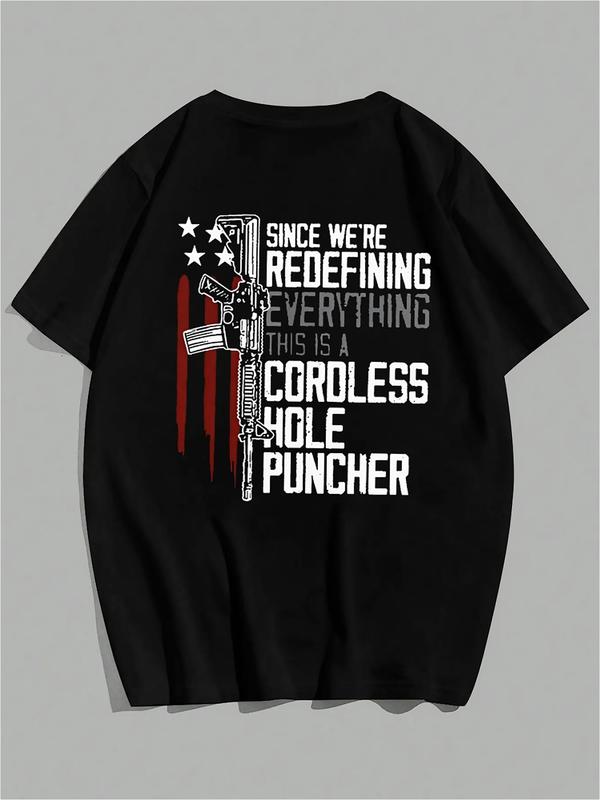 Back view of black hoodie featuring a skeleton hand holding a rifle, five vertical red stripes, white star, and bold white text reading “Since we’re redefining everything this is a cordless hole puncher”