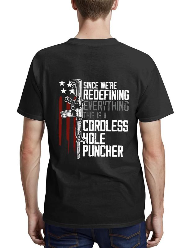 Shop the “Cordless Hole Puncher” hoodie featuring a skeleton hand holding a rifle, red blood-like stripes, and bold white text. Soft fleece, unisex fit, perfect for edgy humor and firearm-themed fashion