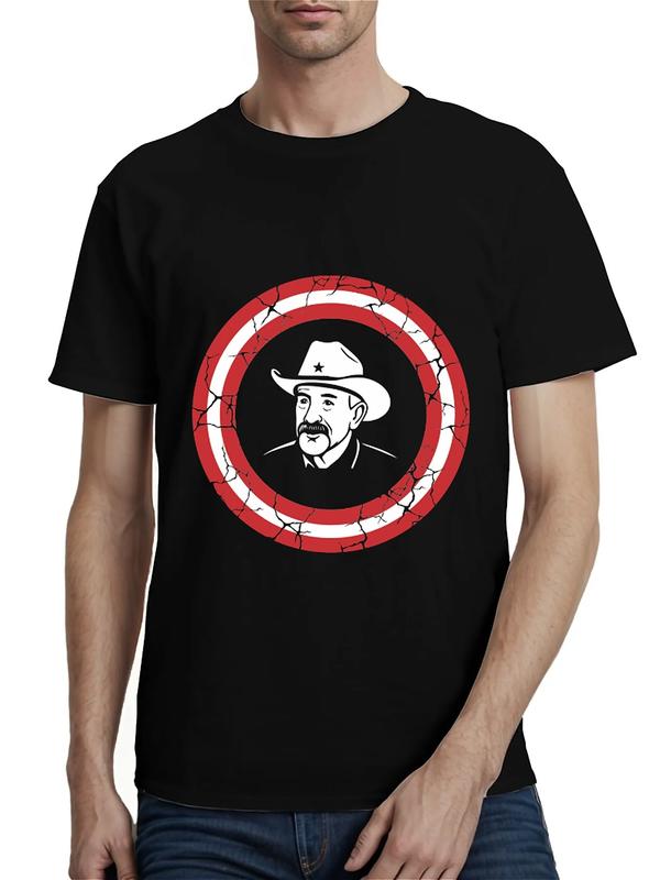 Black T-shirt with stylized cowboy illustration inside cracked red-white-blue shield emblem