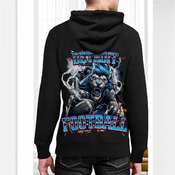 detroit football hoodie, roaring lion hoodie, blue mane graphic hoodie, black pullover hoodie, unisex sports apparel, football fan hoodie, lightning storm hoodie, detroit lions inspired clothing, game day hoodie, bold team spirit hoodie, fierce animal graphic hoodie