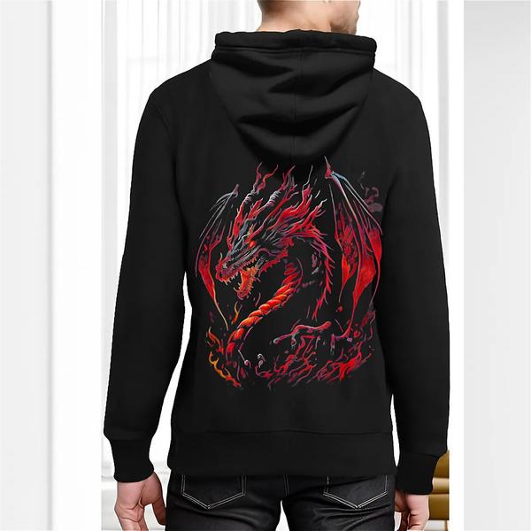 Black hoodie with fierce red and black dragon surrounded by flames, wings extended and glowing eyes