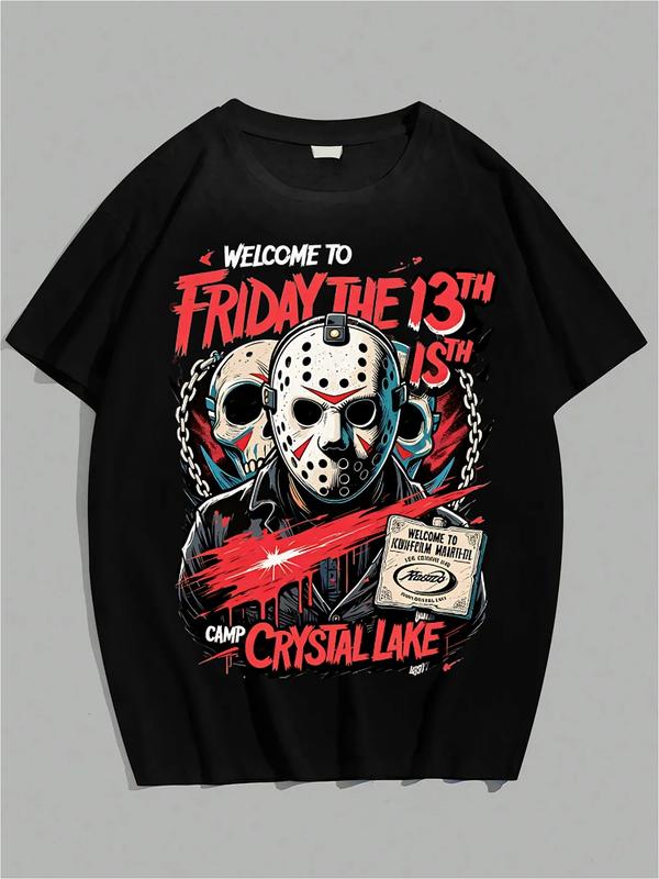 Black T-shirt featuring Jason Voorhees in a hockey mask, red and white skulls and chains, and bold text reading “Welcome to Friday the 13th – Camp Crystal Lake”