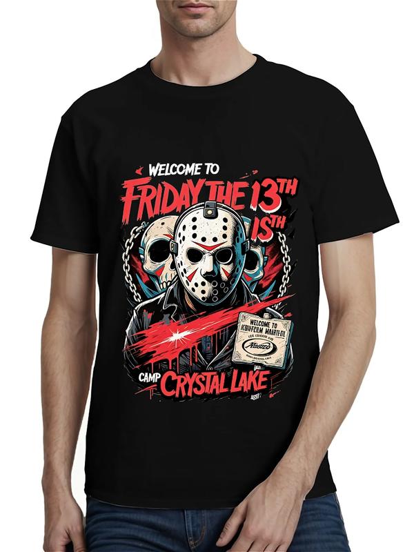 Black T-shirt featuring Jason Voorhees in a hockey mask, red and white skulls and chains, and bold text reading “Welcome to Friday the 13th – Camp Crystal Lake”