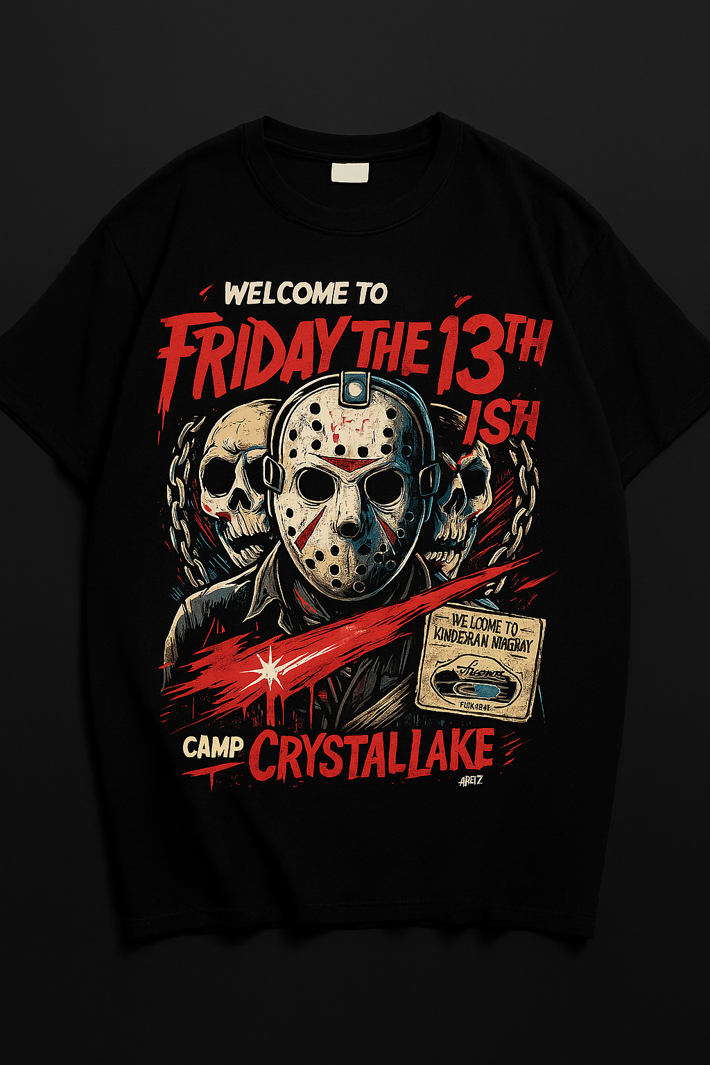 Black T-shirt featuring Jason Voorhees and masked figures with distressed red, white, and blue Camp Crystal Lake design and horror-themed text.