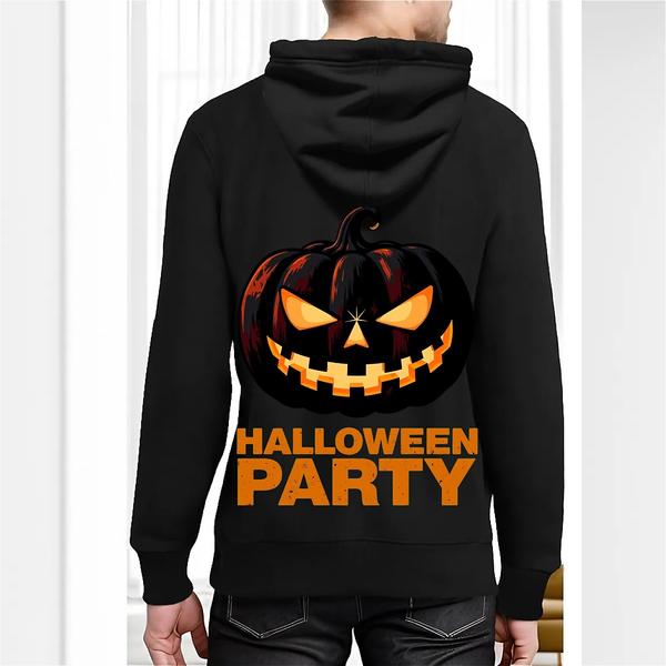 Back view of black hoodie featuring a glowing jack-o'-lantern with sharp teeth and bold orange text reading “HALLOWEEN PARTY”