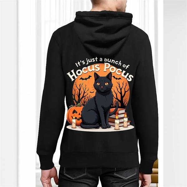 Back view of black hoodie with Halloween-themed graphic featuring a black cat, jack-o'-lantern, candles, bats, and full moon, with the text “It’s just a bunch of Hocus Pocus”