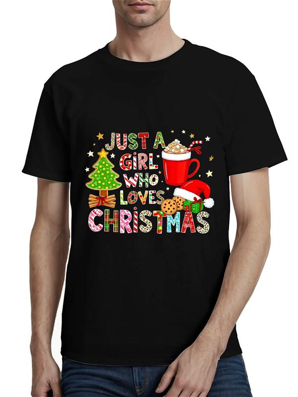 Front view of black T-shirt with colorful “Just a Girl Who Loves Christmas” text and festive holiday graphics including tree, cocoa mug, Santa hat, and stars