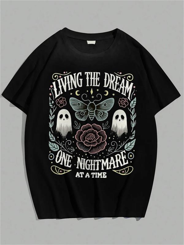 Black graphic T-shirt with ghosts, butterfly, rose, and text “Living the Dream One Nightmare at a Time”