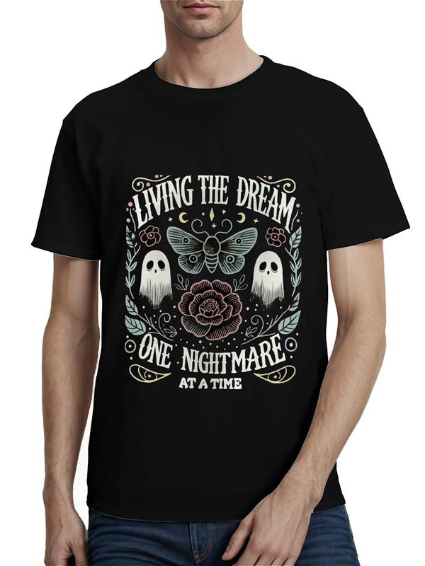 Black graphic T-shirt with ghosts, butterfly, rose, and text “Living the Dream One Nightmare at a Time”