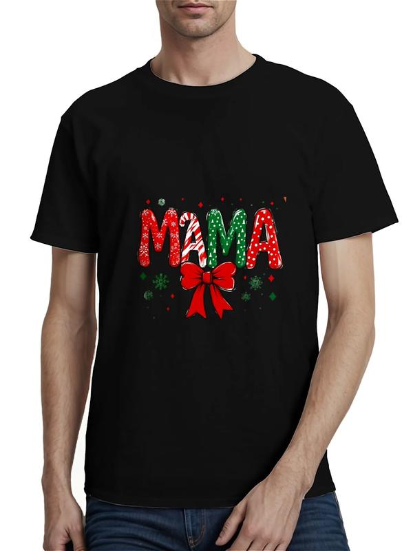 Black T-shirt with colorful “MAMA” lettering in Christmas patterns, red bow, green snowflakes, and festive accents
