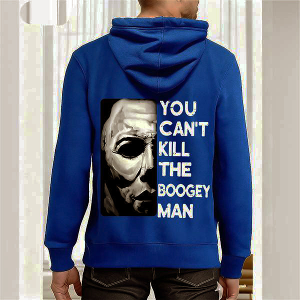 Blue hoodie with Michael Myers mask and “You Can’t Kill the Boogeyman” graphic on back