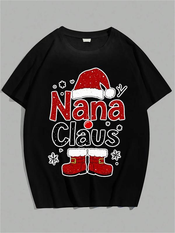 Black T-shirt with festive “Nana Claus” text, featuring a red Santa hat, red boots with gold buckles, and decorative stars and snowflakes