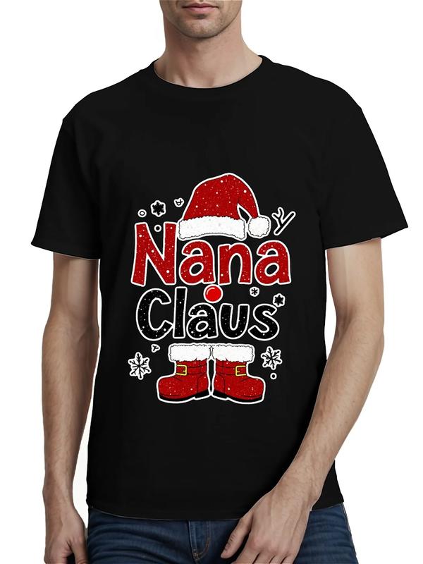 Black T-shirt with festive “Nana Claus” text, featuring a red Santa hat, red boots with gold buckles, and decorative stars and snowflake