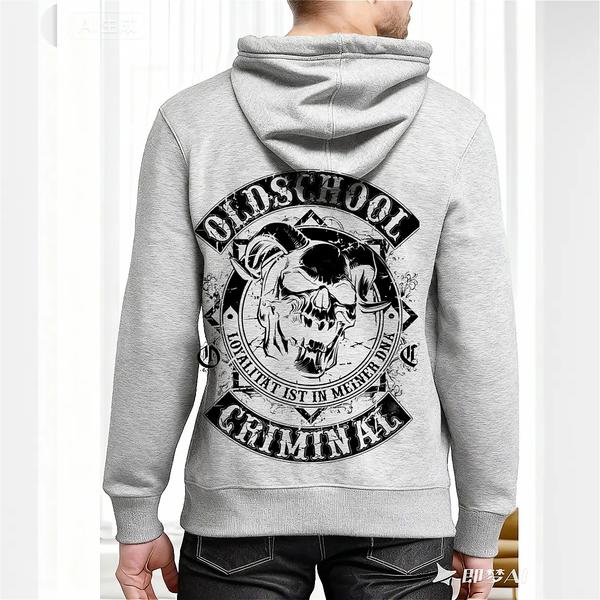 Back view of light gray hoodie featuring mohawked skull and crossed bones graphic with “Oldschool Criminal – Quality 1st in Mexico D.F.” emblem