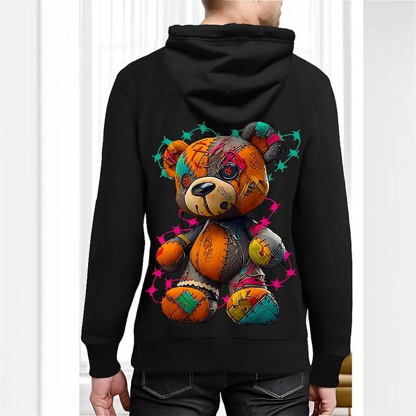 Black hoodie with colorful patchwork teddy bear graphic design