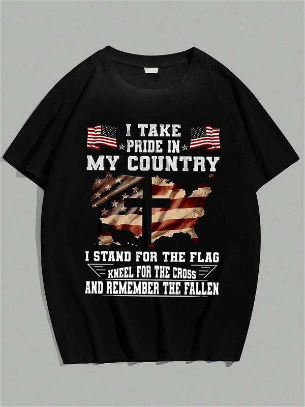 Black graphic T-shirt with American flags, U.S. map, cross, and text “I Take Pride in My Country. I Stand for the Flag, Kneel for the Cross, and Remember the Fallen”