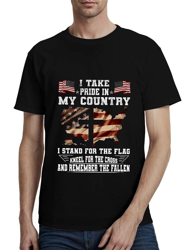 Black graphic T-shirt with American flags, U.S. map, cross, and text “I Take Pride in My Country. I Stand for the Flag, Kneel for the Cross, and Remember the Fallen”