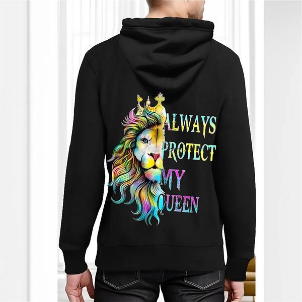 Back view of black hoodie featuring a multicolored lion with a golden crown and bold text reading “Always Protect My Queen”