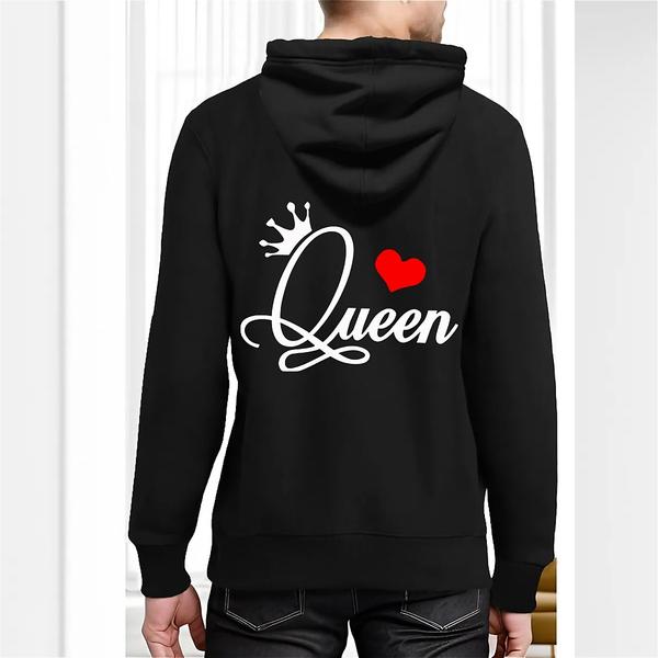 Back view of black hoodie featuring white cursive text “Queen” with a crown above the “Q” and a red heart graphic beside it