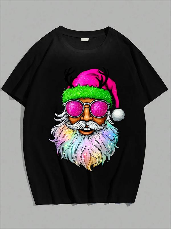 Black T-shirt featuring a stylized Santa Claus with a rainbow beard, pink glitter sunglasses, and a bright pink and green Santa hat