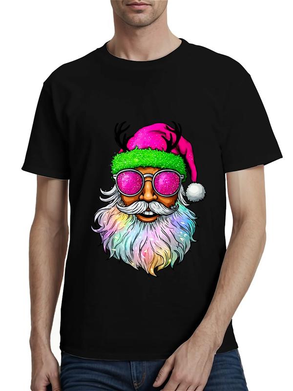 Black T-shirt featuring a stylized Santa Claus with a rainbow beard, pink glitter sunglasses, and a bright pink and green Santa hat