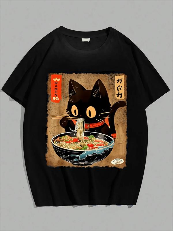 “Ramen Cat” Japanese Graphic Tee – Black Unisex Streetwear Shirt  Anime-Inspired Design
