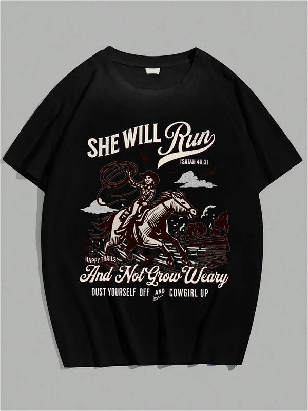 Black T-shirt with cowgirl riding horse, lasso raised, and inspirational text including “She Will Run – Isaiah 40:31 – Dust Yourself Off and Cowgirl Up”

Let me know if you want CSV formatting, bilingual versions, or social captions—I can prep those next for batch upload.

