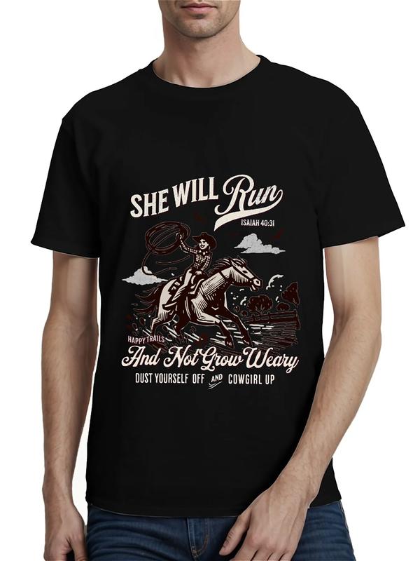 Black T-shirt with cowgirl riding horse, lasso raised, and inspirational text including “She Will Run – Isaiah 40:31 – Dust Yourself Off and Cowgirl Up”

Let me know if you want CSV formatting, bilingual versions, or social captions—I can prep those next for batch upload.
