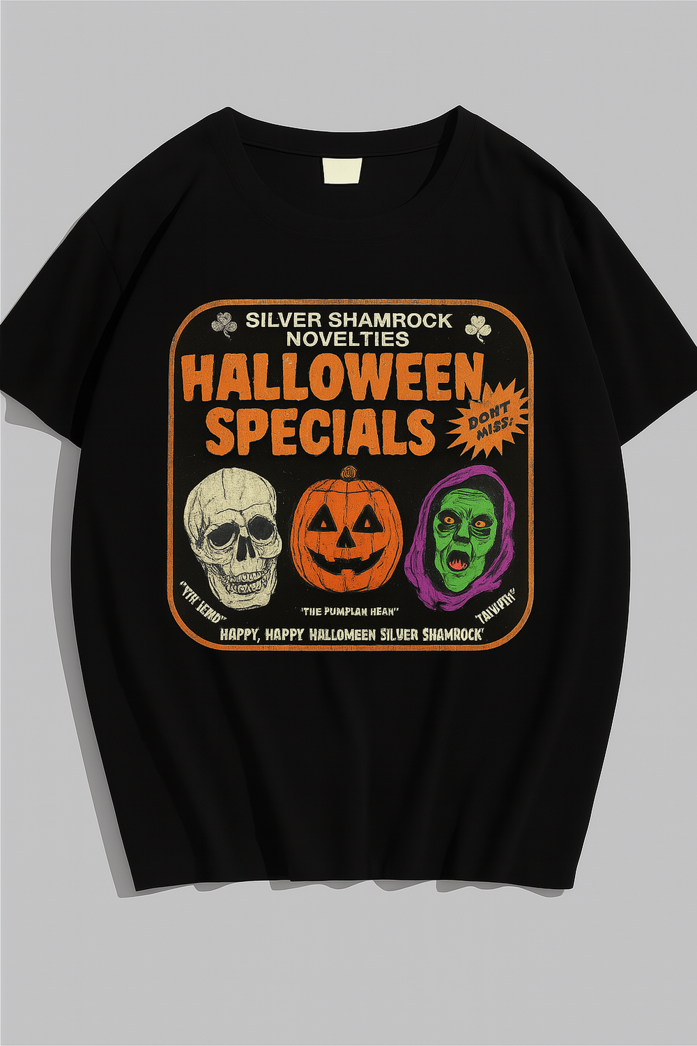 Silver Shamrock Halloween Shirt – Retro Horror Mask Tee