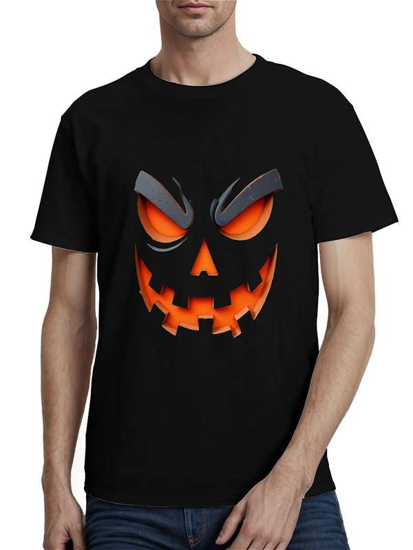 Black T-shirt with glowing orange jack-o'-lantern face featuring sinister eyes, jagged mouth, and arched brows