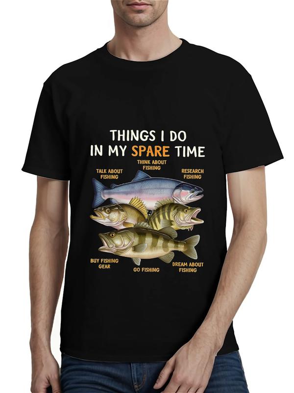 Black T-shirt with colorful fish illustrations and bold text listing fishing-related activities: “Things I Do in My Spare Time – Talk, Think, Research, Buy Gear, Go, and Dream About Fishing”