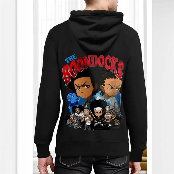 Black hoodie with colorful graphic of Huey and Riley Freeman and other Boondocks characters, bold “The Boondocks” title in red and blue