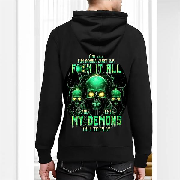 “Let My Demons Out” Glowing Skull Hoodie – Unisex Black Pullover