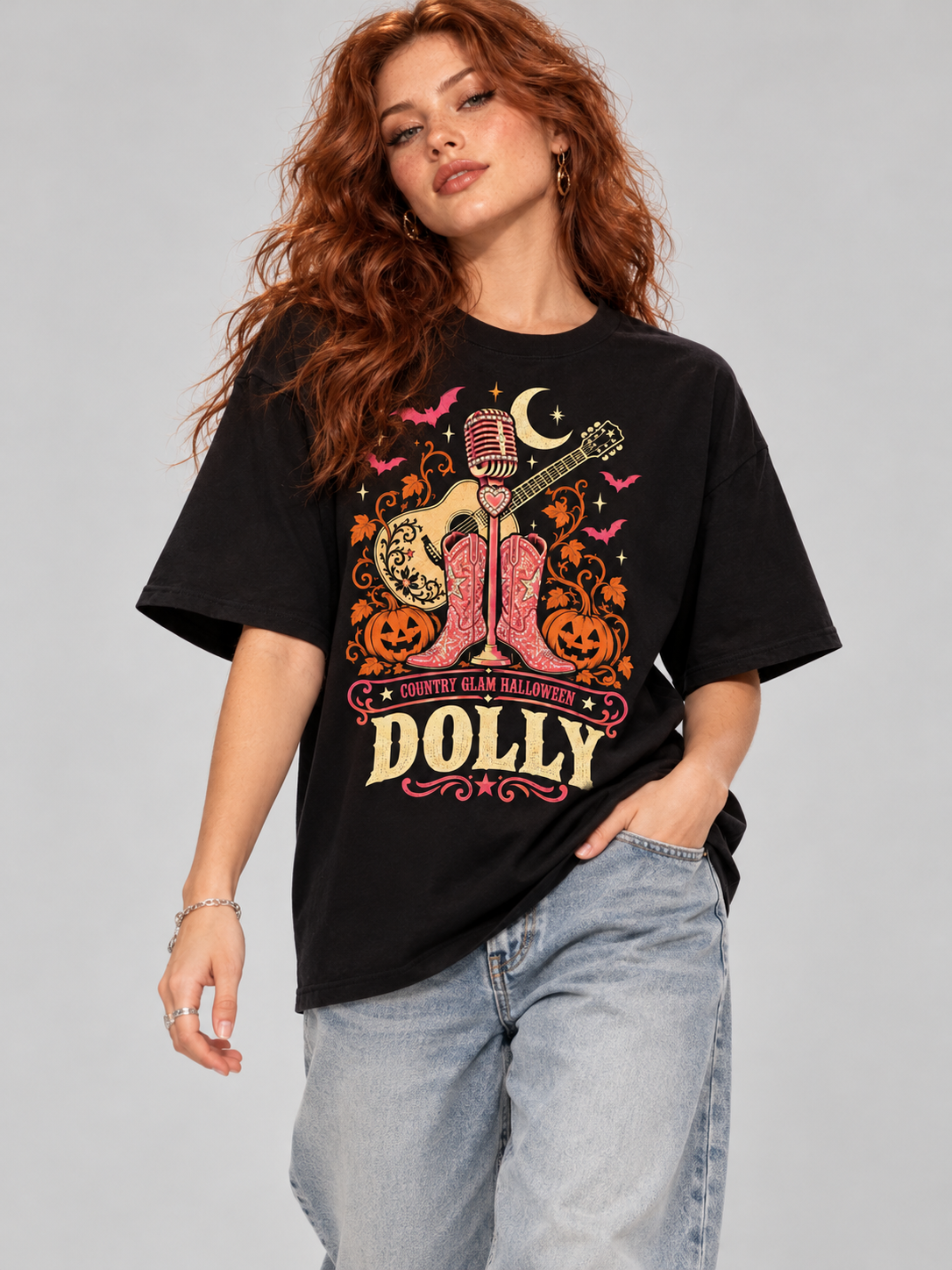 Country Glam Halloween Dolly Graphic Tee front view