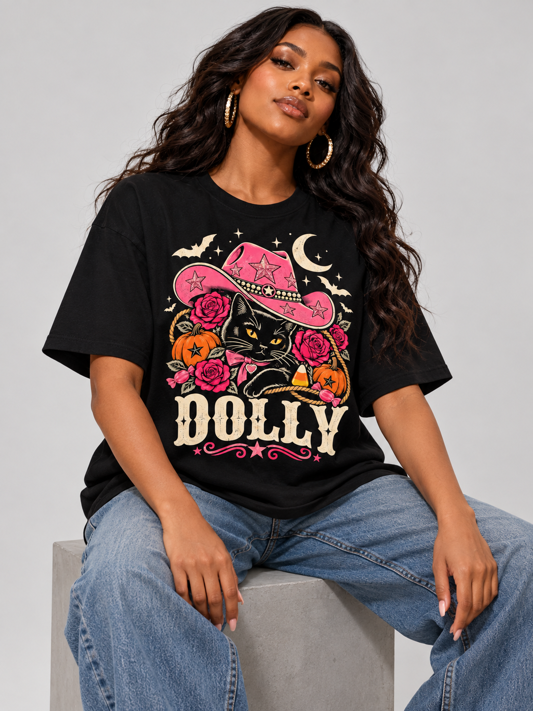 Dolly Halloween Pink Cowgirl Cat Graphic Tee angle view