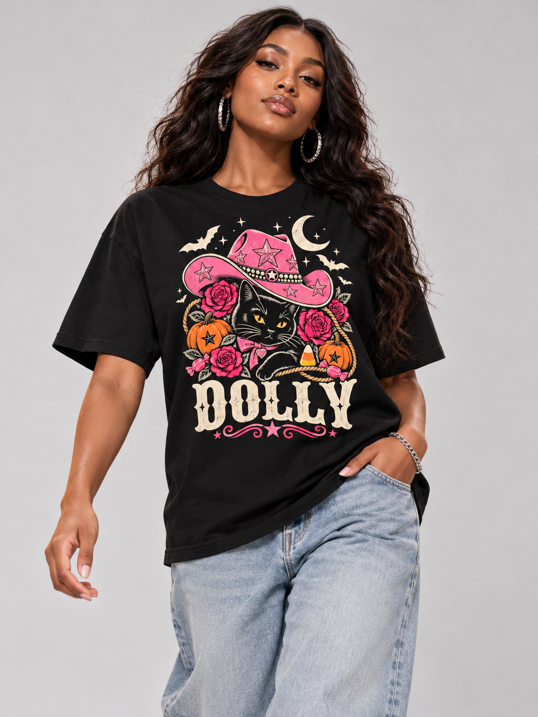 Dolly Halloween Pink Cowgirl Cat Graphic Tee front view