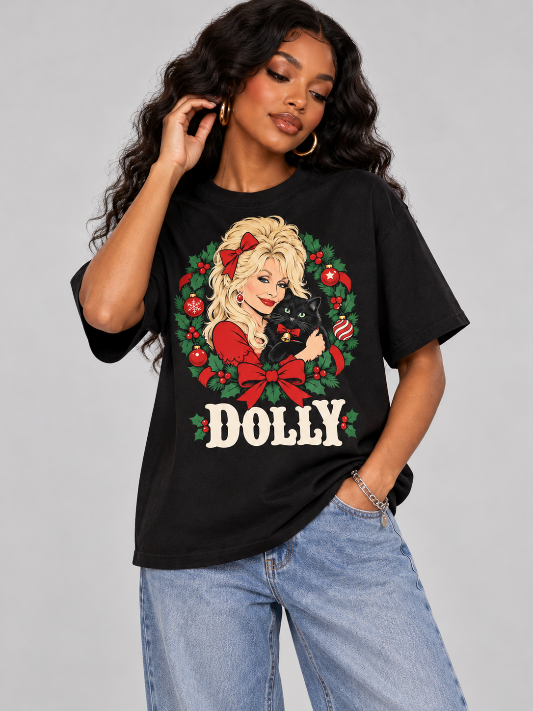 Dolly Christmas Cat & Wreath Graphic Tee angle view