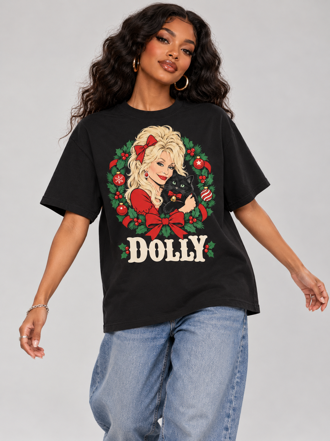 Dolly Christmas Cat & Wreath Graphic Tee front view