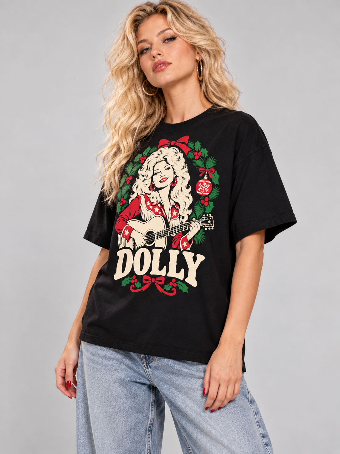 Dolly Christmas Country Guitar Graphic Tee angle view