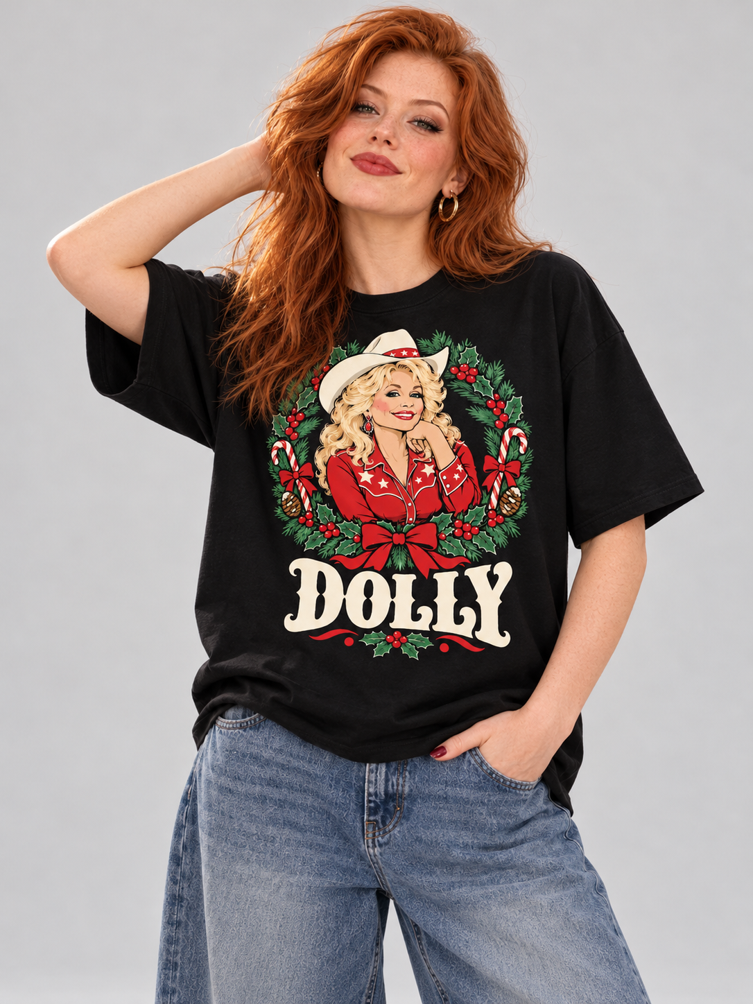 Dolly Christmas Cowgirl Wreath Graphic Tee front view