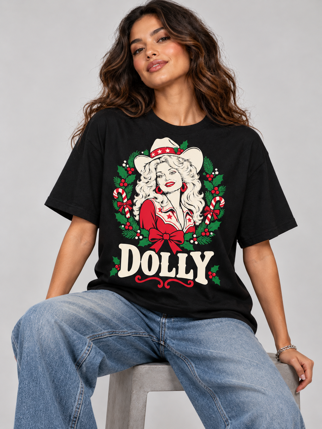 Dolly Christmas Western Hat Graphic Tee angle view