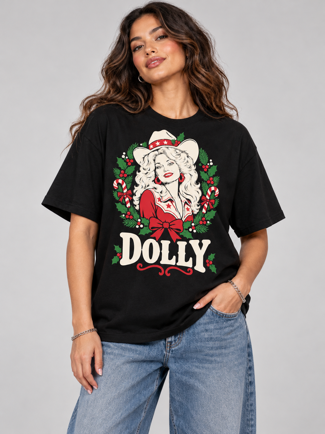 Dolly Christmas Western Hat Graphic Tee front view