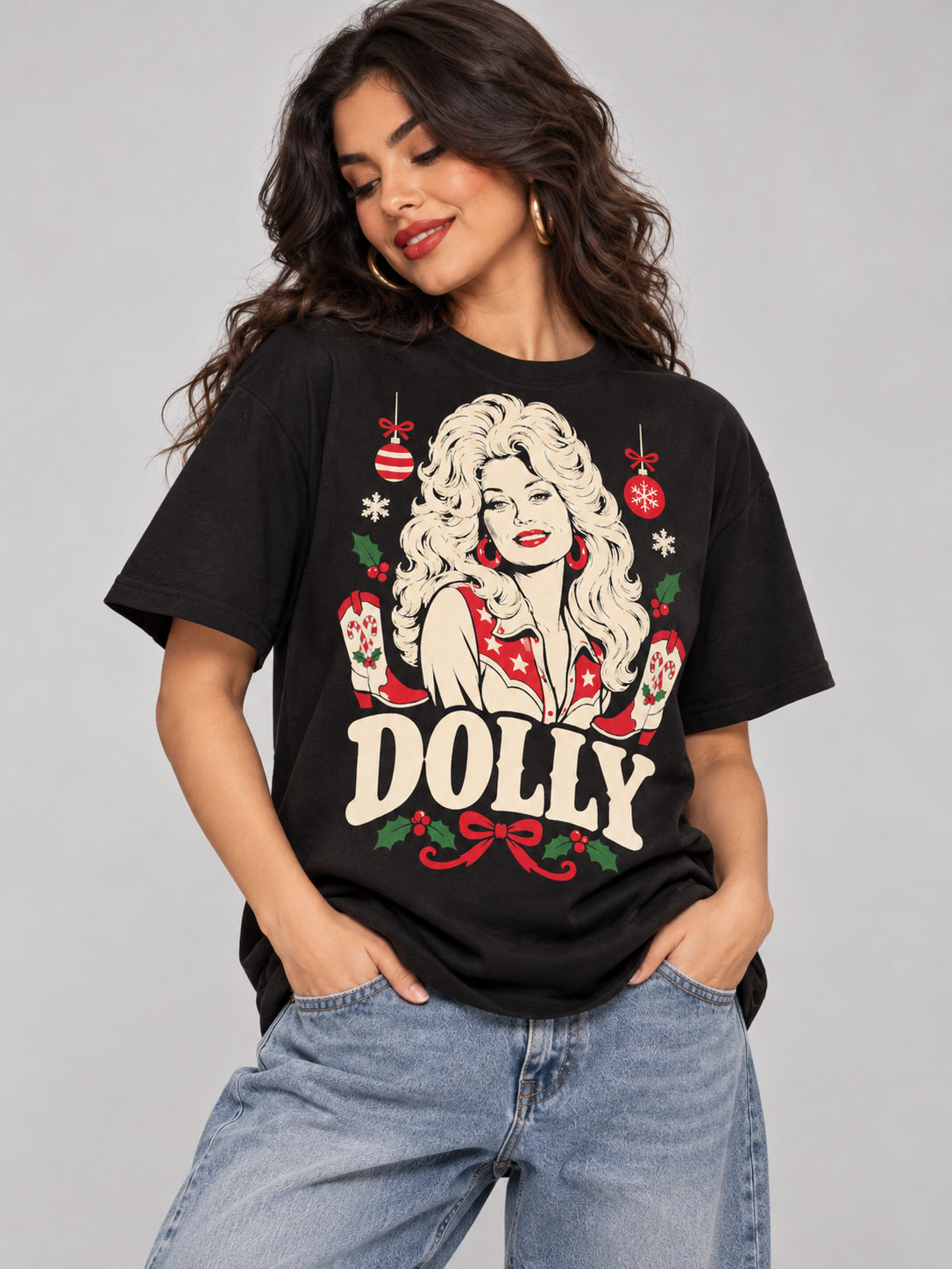 Dolly Christmas Portrait & Cowboy Boots Graphic Tee angle view