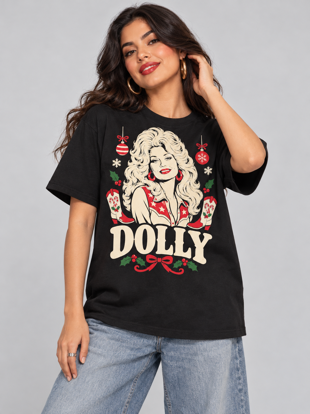 Dolly Christmas Portrait & Cowboy Boots Graphic Tee front view